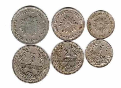 3 Monedas De Uruguay Del Año 1924 De 1, 2 Y 5 Centesimos