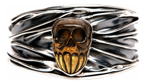 Brazalete Corrugado De Plata 925 Con Calavera De Ambar