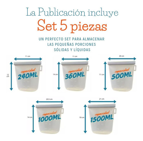 Bolsas De Silicona Reutilizable Set 240 360 500 1000 1500 Ml