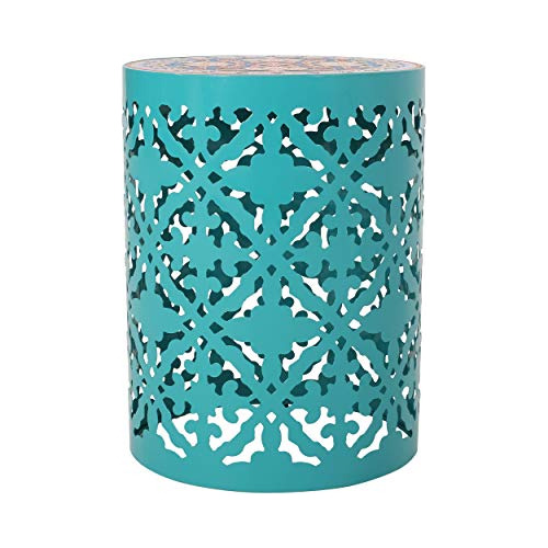 Outdoor Lace Cut Side Table With Tile Top, Teal