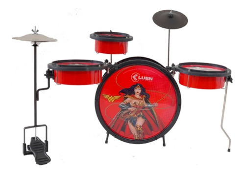 Bateria Infatil Luen Warner Bros Heroes Pedal Banco Baqueta Cor Vermelho/Mulher Maravilha