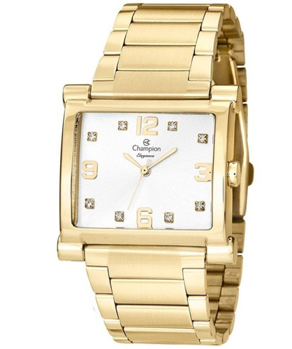 Relogio Feminino Dourado Champion Quadrado Com Pedras Cn2693