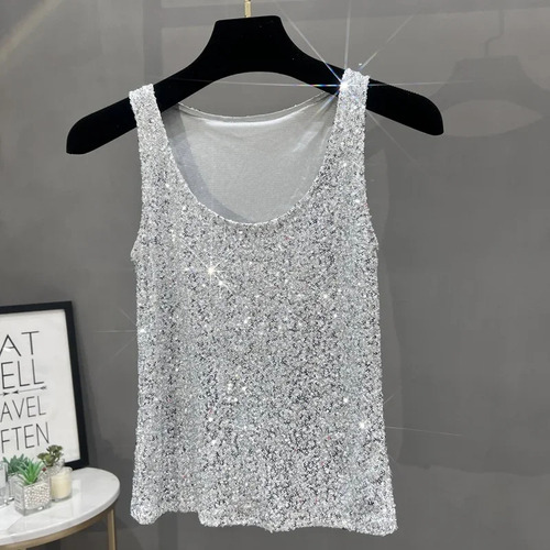 Camiseta Sin Mangas Con Lentejuelas Para Mujer