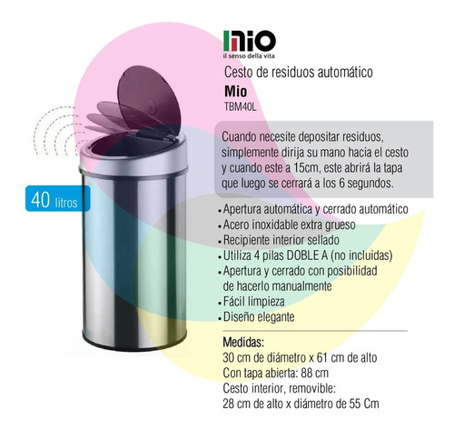 Imagen 2 de 8 de Cesto De Residuos Mio Sensor Automático 40lts Tbm40l