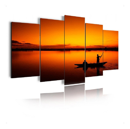 Quadro Mosaico 105x60cm Mod055 Por Do Sol Barco Pesca 5pçs