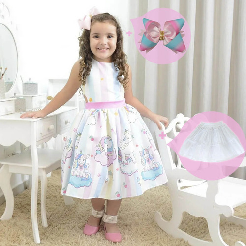 Kit Vestido Infantil Unicórnio + Laço Cabelo + Saia De Filó