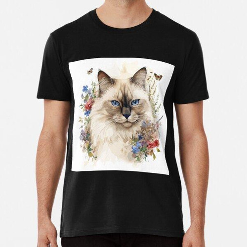 Remera Gato De Birmania Con Flores Silvestres Y Mariposas Al