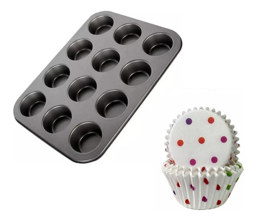 Molde 12 Cupcakes + 100 Capsula Para Hornear Lunares 8cm 