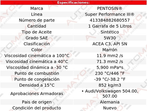 Aceite Motor Alemán 5 Lts 5w30 Pentosin Ml320 V6 3.0l 07-09