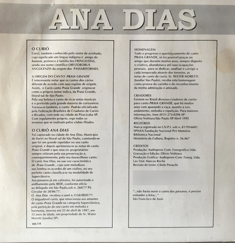 Lp Curio - O Canto Do Curió - Ana Dias - Praia Grande (Usado)