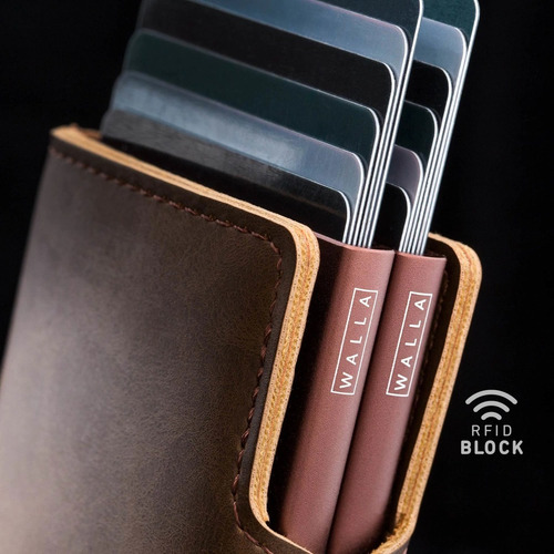 Billetera Doble Walla Wallets Vintage Pardo Cuero Rfid