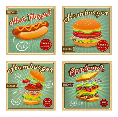 4 Carteles Metalicos Fast Food 20x20 Cms Burgers-completos