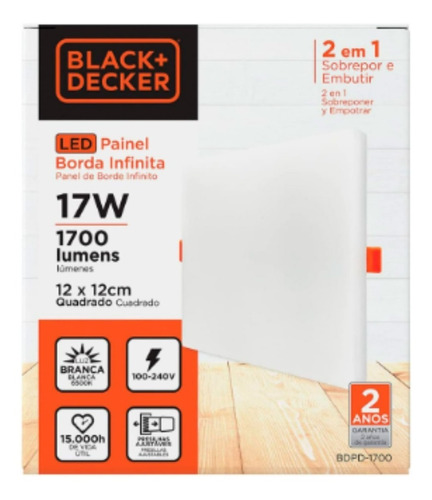 Panel Led 2 En 1 Cuadrado Embutir Black+decker 17w 12x12cm 