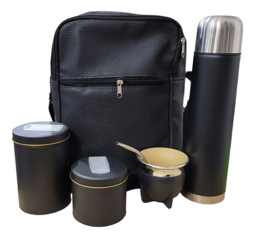 Set Matero Negro Con Bolso Cuerina Y Mate Pampa