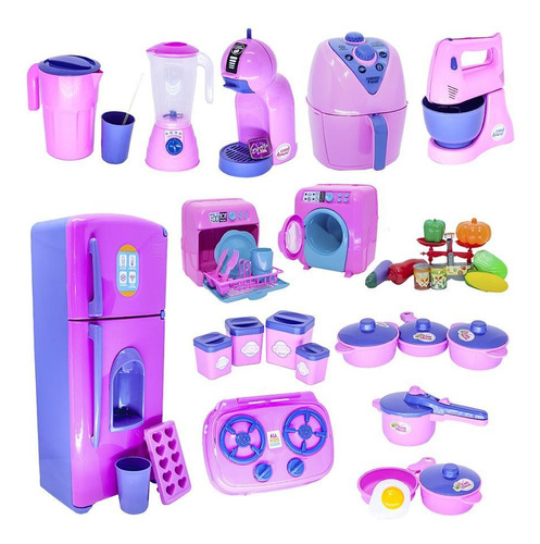 Kit Cozinha Infantil Rosa Geladeira Air Fryer Legumes 38pç