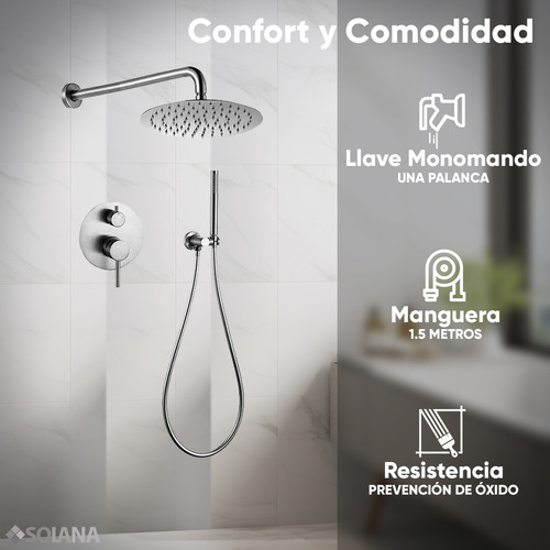 Solana Regadera De Baño Redonda Con Sistema Interno Modelo Nilo Color Silver / Regadera Con Salida De Agua Superior Modo Lluvia Y Regadera De Mano