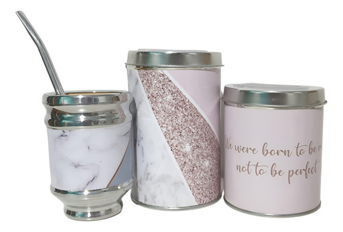 Set Trio Matero Glitter Rosa Marmol (yerbera Azucarera Mate)