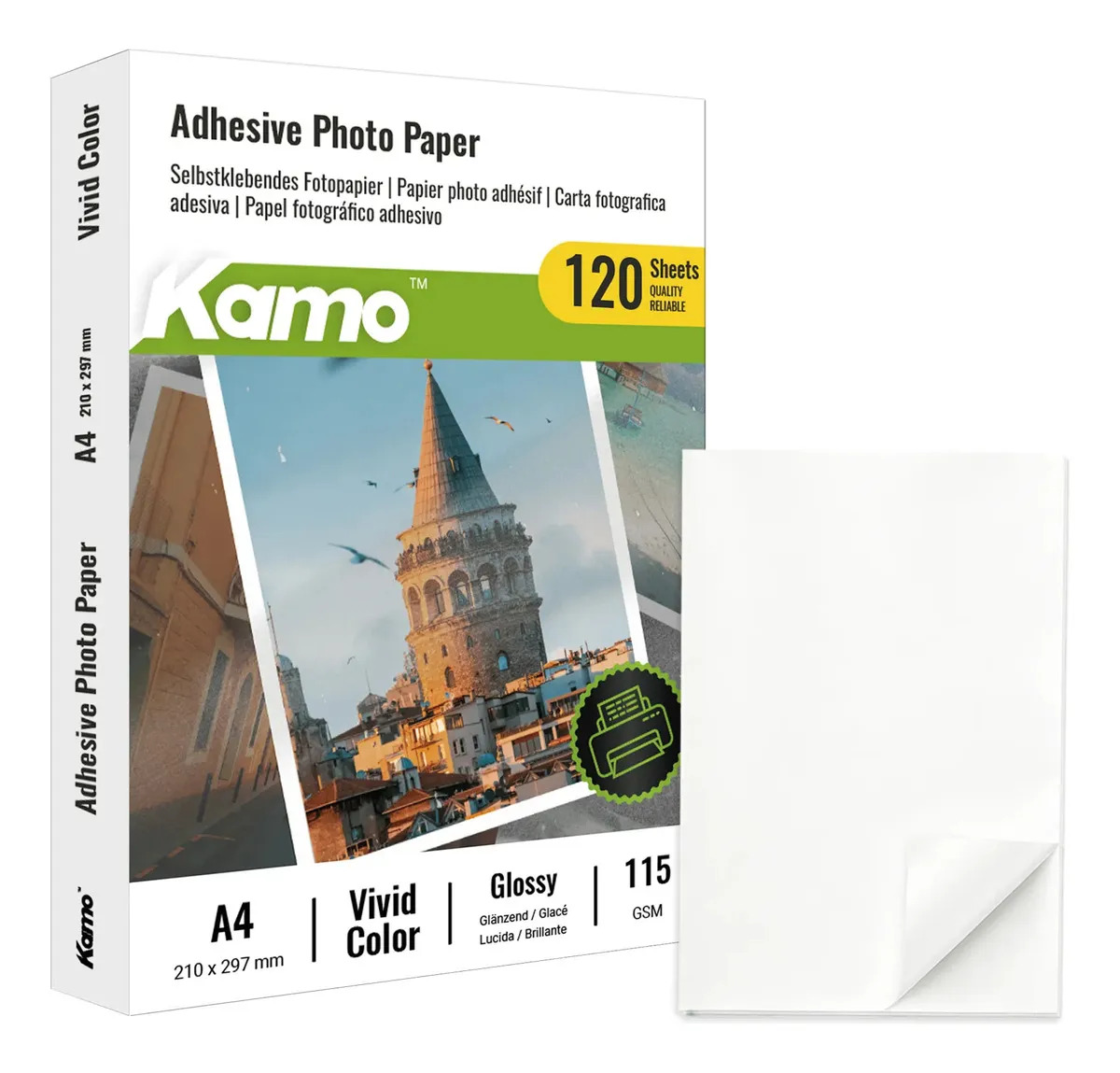 Papel Fotográfico A4 Kamo Glossy Adhesivo 115gr 120 Hojas Color Blanco