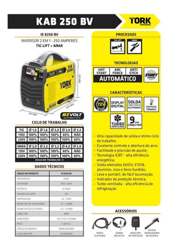 Máquina De Solda Inversora Kab250 Bivolt Ie-8250 Super Tork