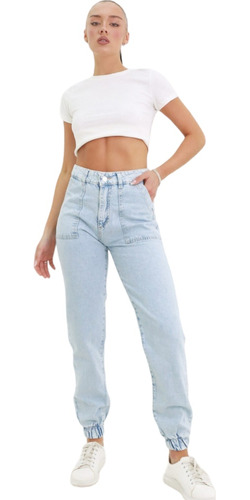 Jeans Denim Pantalon Babucha Jogger Celeste Rigido