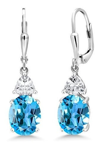 Aretes Anzuelo - 7,00 Ct Ovalado Suizo Azul Topaz 925 Arete 