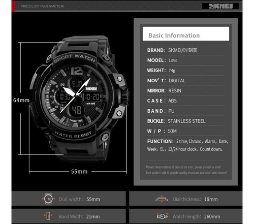 Reloj Skmei 1343 Estilo Militar Negro