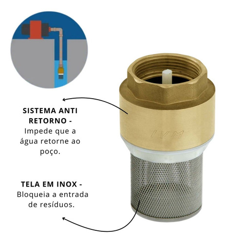 Válvula de Retenção Sucção 1 Fundo de Poço Em Latão Forjado Com Filtro Inox Industrial IVM Italy