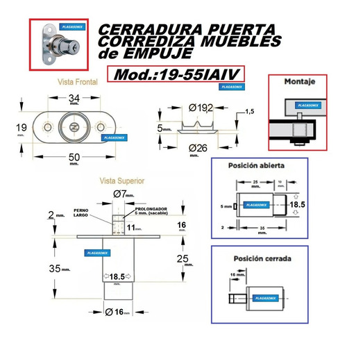 Cerradura Mueble De Empuje Corrediza Kit 5 Unid. Perno Largo