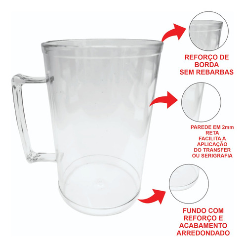 50 Caneca Chopp Acrílica 360ml Transparente Transfer Silk