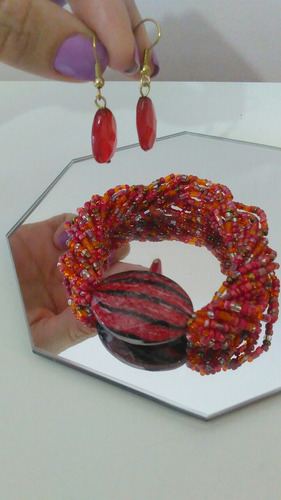 Pulsera Y Zarcillos De Mostacillas Y Piedra Accesorios Dama