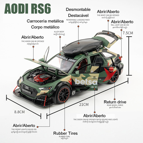 Audi Rs6 Avant Miniatura Metal Coche Con Luces Y Sonido 1/24