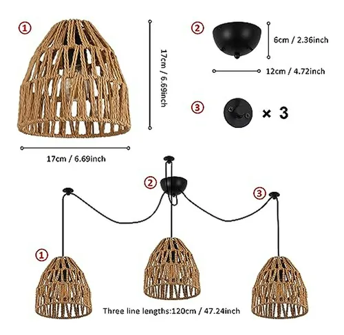 Lámpara Colgante De Bambú 3 Luces, Ratan Tejido, Estilo Rúst