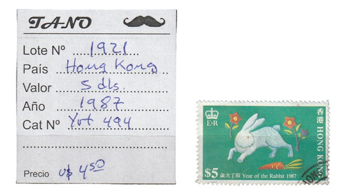 Lote1921 Hong Kong 5 Dol. Año 1987 Yvert# 494 Conejo