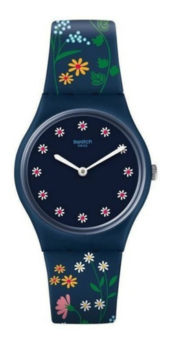 Reloj pulsera Swatch Originals Flower carpet de cuerpo color azul, analógico, para mujer, fondo azul, con correa de silicona color azul, agujas color blanco, dial blanco y rojo, bisel color azul y hebilla simple