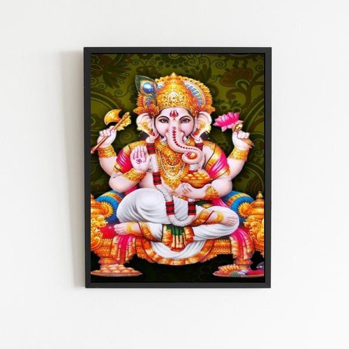 Quadro Decorativo Lord Ganesha 24x18cm - Com Vidro Preta