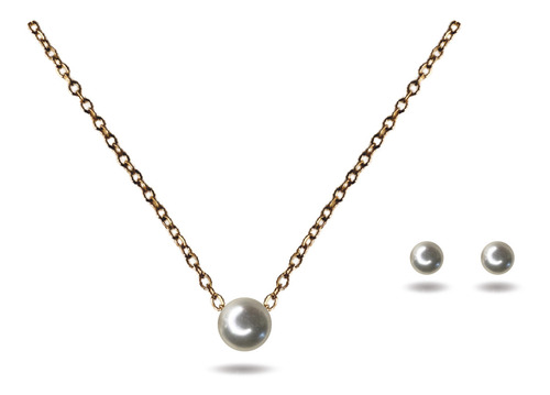 Set de Aretes con Collar Venus Oro Laminado 18k con Dije de Perla Moda Fina Elegante Unidad