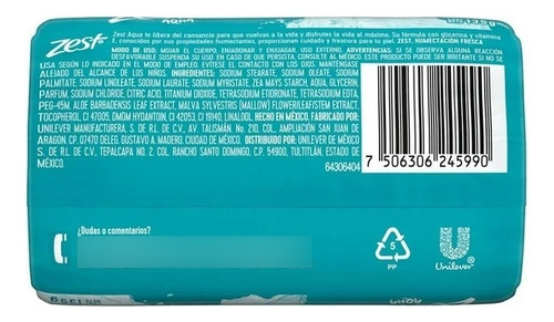 8 Pza Jabón En Barra Zest Aqua 135 G