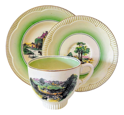 Trio De Té De Porcelana Inglesa Clarice Cliff Pintado A Mano Amarillo Y Verde Escenas Campestres (Usado)