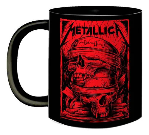 Caneca De Porcelana Metallica Preta Com Arte De Caveira Red