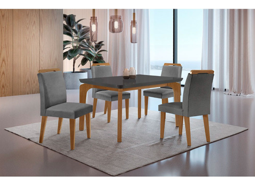 Conjunto Mesa Liz 120cm Mdf 4 Cadeiras Athenas Moderna Cor Linho Grafite E Imbuia Desenho Do Tecido Das Cadeiras Liso