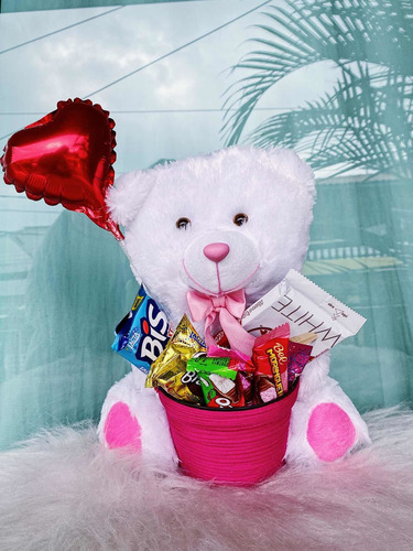 Imagem 2 de 5 de Cesta De Chocolate Pelúcia Urso Com Cachepô Balão Presente