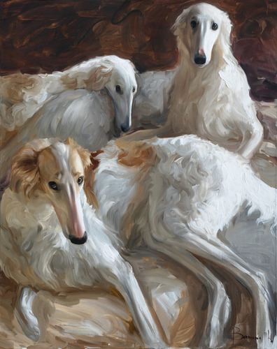 Borzoi Dog Cachorro Portrait Numero 3 Tela 53cm X 42cm