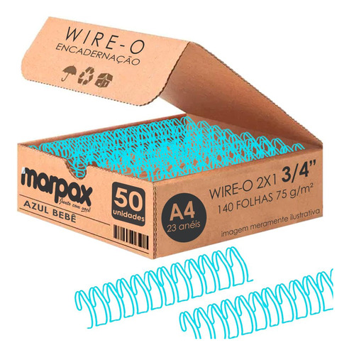 Wire-o Encadernação 2x1 A4 Azul Bebê 3/4 Para 140 Fls 50un