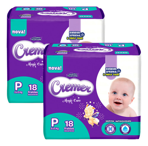 2x Fralda Cremer Magic Care Jumbinho P (3 A 5 Kg) Pcto 18 Un P Sem Gênero