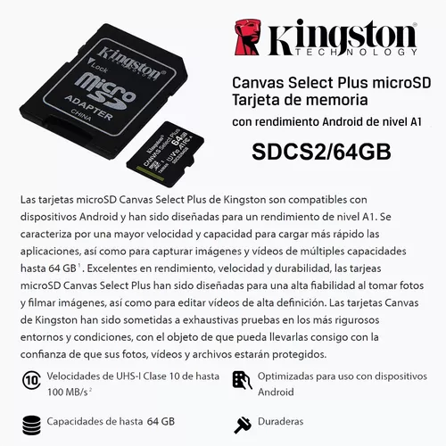 Kingston - Tarjeta de memoria microSDXC Canvas Select Plus de 64 GB de  lectura A1 clase 10 UHS-I de 100 MB/s + adaptador (SDCS2/64GB)