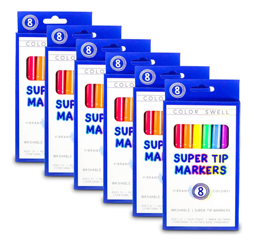 Marcadores Color Swell Super Tip, 6 Cajas 8 Colores Lavables