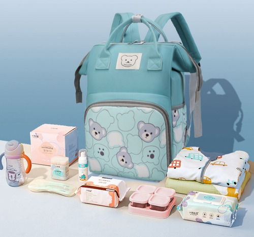 Mochila Pañaleras Bebe Bolsa Pañalera Impermeable Multiusos Azul Claro