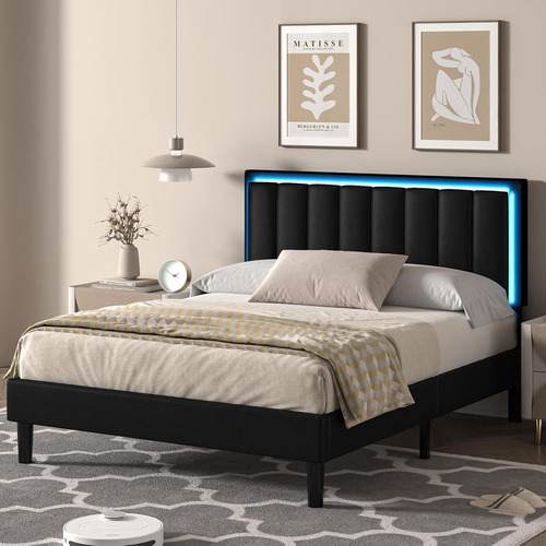 Bed Frame Matrimonial Color Negro C/cabecera Con Luz Led