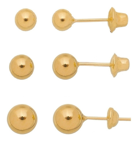 Kit 3 Pares Brincos Bola Ouro 18k-750 3mm, 4mm E 5mm Cor Dourado