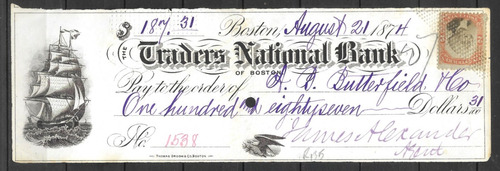 Estados Unidos Cehque 1874 Traders National Bank Of Boston  